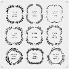 Laurel wreath floral collection. Vector black and white illustration.