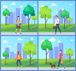 Man going in park near buildings and trees, person walking with dog, teenager holding skateboard, boy rollerblading in casual clothes, leisure vector