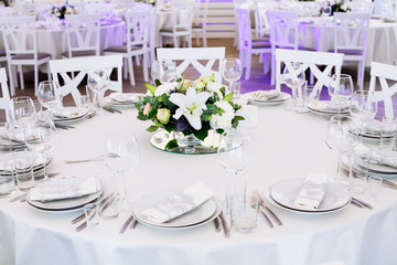 Wedding banquet. Table set for wedding reception