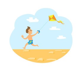 Small boy on summer vacation vector, isolated kid with wind kite having relaxation by seashore. Child wearing swimming suit and jogging. Hot summertime