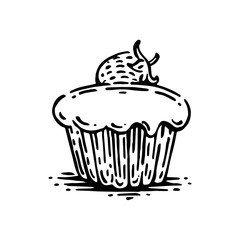 Muffin with strawberry. Set of templates for menu design, restaurants and catering. Hand-drawn images