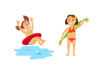 Summertime relaxation on beach vector, people on vacation. Girls having fun by seaside, splashes of water, kiddo wearing lifebuoy and child with towel