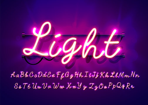 Neon tube hand drawn alphabet font. Script type letters on a dark background. Vector typeface for labels, titles or posters.
