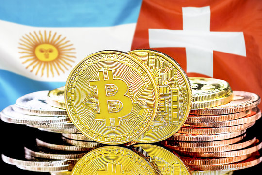 Bitcoins on the background of the flag Argentina and Switzerland. Concept for investors in cryptocurrency and Blockchain technology in the Argentina and Switzerland