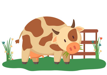 Spotted cow near fence and green bushes domesticated rustic animal with horns. Vector young bovine calf isolated on white, farming and agriculture concept