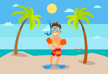 Fototapeta na wymiar Child in flippers and inflatable circles, standing on beach between palm trees, smiling character in shorts. Sea view with ship, sunny weather vector
