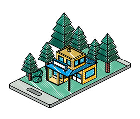 smartphone with camp and building isometric