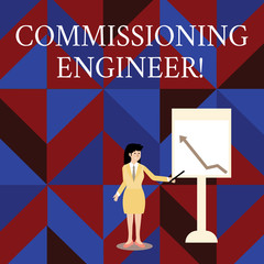 Writing note showing Commissioning Engineer. Business concept for ensure all aspects of building are properly designed Woman Holding Stick Pointing to Chart of Arrow on Whiteboard