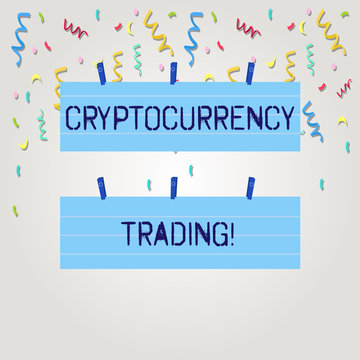 Text sign showing Cryptocurrency Trading. Business photo text simply the exchange of cryptocurrencies in the market Two Color Blank Strip Size Lined Paper Sheet Hanging Using Blue Clothespin