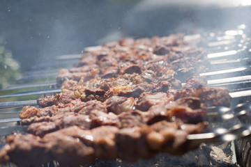Shashlik or shashlyk preparing on a barbecue grill over charcoal. Grilled cubes of pork meat on metal skewer. Meat on skewers is roasted on fire