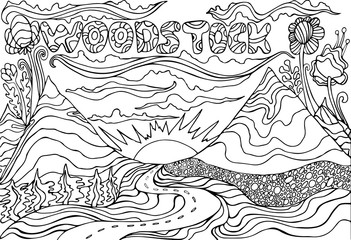 Coloring page with the inscription Woodstock, and landscape with mountains, the sun and the road going into the sunset. Vector hand drawn illustrations.