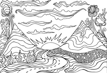 Creative coloring page fantasy with a mountain landscape,clouds,sun and the road leading into the sunset. Cartoon doodle style.