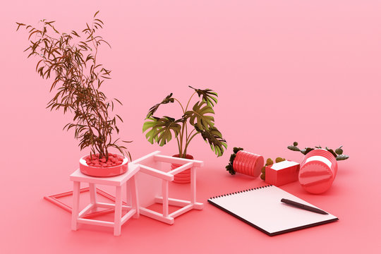 White A4 flipped paper with black clipboard, potted plant, cactus, frame and pen on pastel pink background. 3d rendering