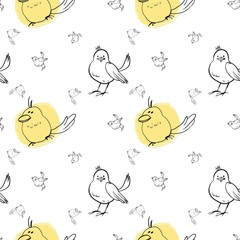 Seamless pattern, cute cartoon bird, fabric design for kids, cartoon character, vector drawing