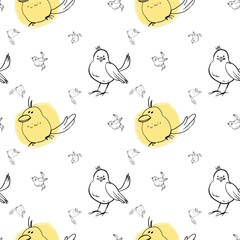 Seamless pattern, cute cartoon bird, fabric design for kids, cartoon character, vector drawing