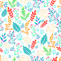 Fototapeta na wymiar Artistic colorful field wild flowers seamless floral pattern. Decorative flowers and plants, bright gradient colors on white background. Floral ornament.