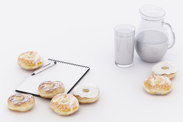 Colorful donut and coffee cup with pastel white background. 3d rendering