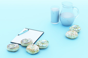 Colorful donut and milk cup with pastel blue background. 3d rendering