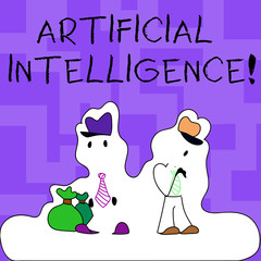 Text sign showing Artificial Intelligence. Business photo text perform tasks normally requiring huanalysis intelligence Figure of Two Men Standing with Pouch Bag on White Sticker Style Snow Effect