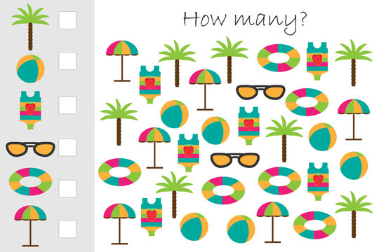 How many counting game with summer beach picture for kids, educational maths task for the development of logical thinking, preschool worksheet activity, count and write the result, vector illustration