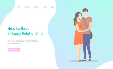 How to have happy relationships, students in love, male and female cartoon characters. Vector guy and brunette girl in red dress, teenage people. Website or webpage template, landing page flat style