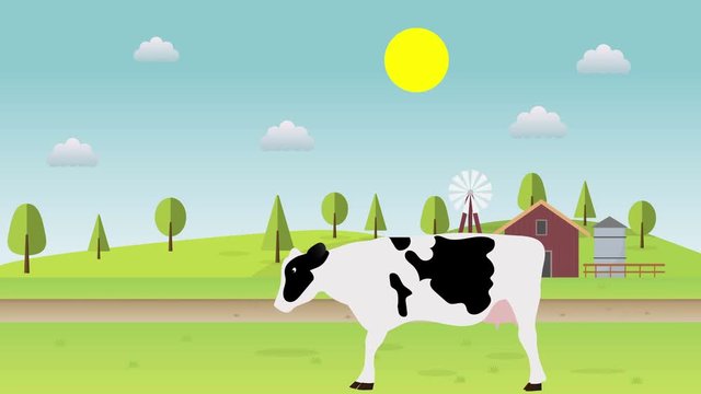 Cartoon cow with Farm background. Animated rural landscape. 