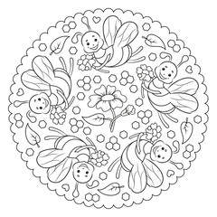 Coloring page mandala for kids with flowers and bees. Vector Illustration.