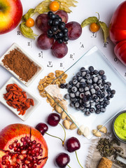 mix of fresh fruits and berries, rich with resveratrol raw food ingredients. nutrition background