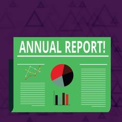 Handwriting text Annual Report. Conceptual photo includes information on what have become known within year Colorful Layout Design Plan of Text Line, Bar, Linear and Pie Chart Diagram