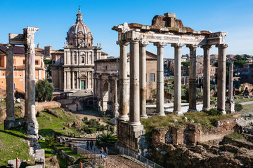Fototapeta na wymiar ROME, Italy: Scenic View of Ancient Roman Forum, Foro Romano, UNESCO Site