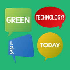 Word writing text Green Technology. Business photo showcasing mitigate reverse effects of huanalysis activity on environment Blank Speech Bubble Sticker in Different Shapes and Color for Multiple Chat