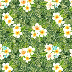 Fototapeta premium Watercolor hand drawn exotic summer leaves and flovers illustration seamless pattern