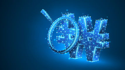 Magnifying glass on South Korean Won currency. Market analysis, business safety, money research concept. Abstract, digital, wireframe low poly mesh vector blue neon 3d illustration. Triangle line dot