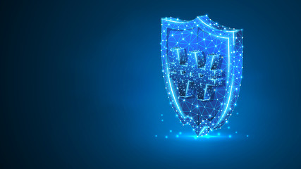 Security shield with South Korean Won currency sign. Polygonal concept of safety, money protection. Abstract, digital, wireframe low poly mesh Raster blue neon 3d illustration. Triangle, line, dot