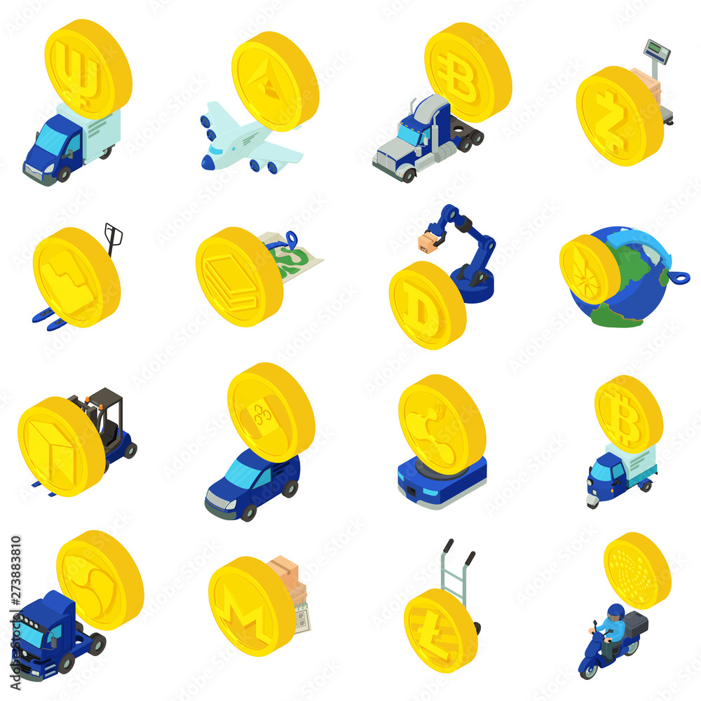 Aufkleber delivery coin icons set. isometric set of 16 delivery coin vector icons for web isolated on white ba