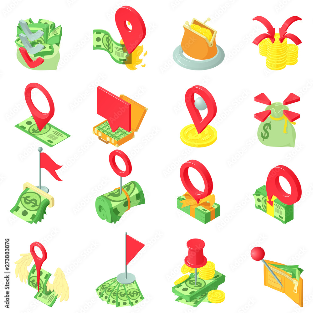 Poster money mark icons set. isometric set of 16 money mark vector icons for web isolated on white backgrou