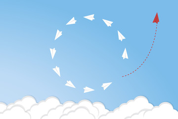 Think differently concept. Red airplane changing direction. Vector illustration	