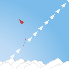 Think differently concept. Red airplane changing direction. Vector illustration	