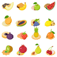 Fruit cake icons set. Isometric set of 16 fruit cake vector icons for web isolated on white background