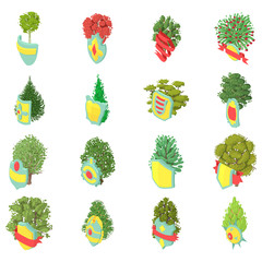 Wood protection icons set. Isometric set of 16 wood protection vector icons for web isolated on white background