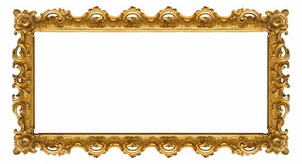 Panoramic golden frame for paintings, mirrors or photo isolated on white background