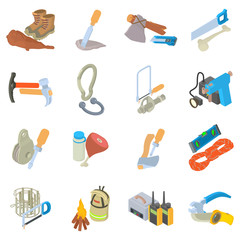 Expedition icons set. Isometric set of 16 expedition vector icons for web isolated on white background