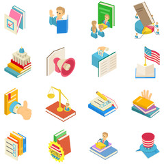Political book icons set. Isometric set of 16 political book vector icons for web isolated on white background