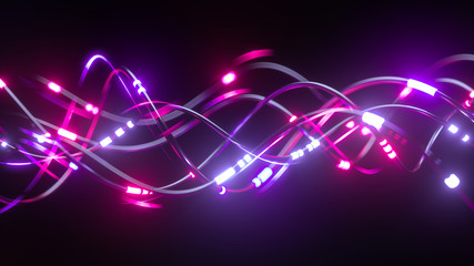 Digital wires with moving information impulse. Creative composition with cables transfering big data and neon light. Twisted lines in motion. Colorful vortex, abstract background. 3d rendering