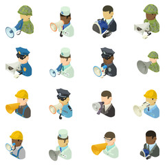 Alert service icons set. Isometric set of 16 alert service vector icons for web isolated on white background