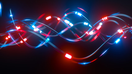 Digital wires with moving information impulse. Creative composition with cables transfering big data and neon light. Twisted lines in motion. Colorful vortex, abstract background. 3d rendering