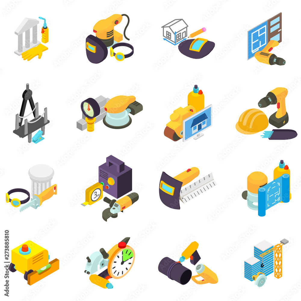 Poster man work icons set. isometric set of 16 man work vector icons for web isolated on white background