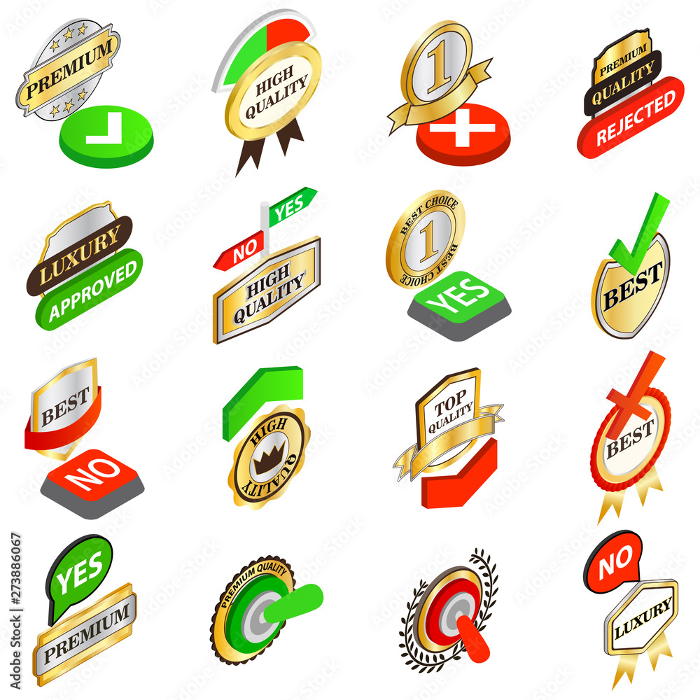 Poster quality icons set. isometric set of 16 quality vector icons for web isolated on white background