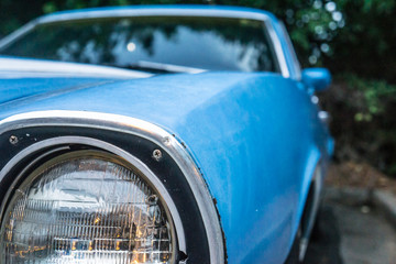 Fototapeta premium Close up of vintage blue car's old headlamp. Parked and surrounded by trees.
