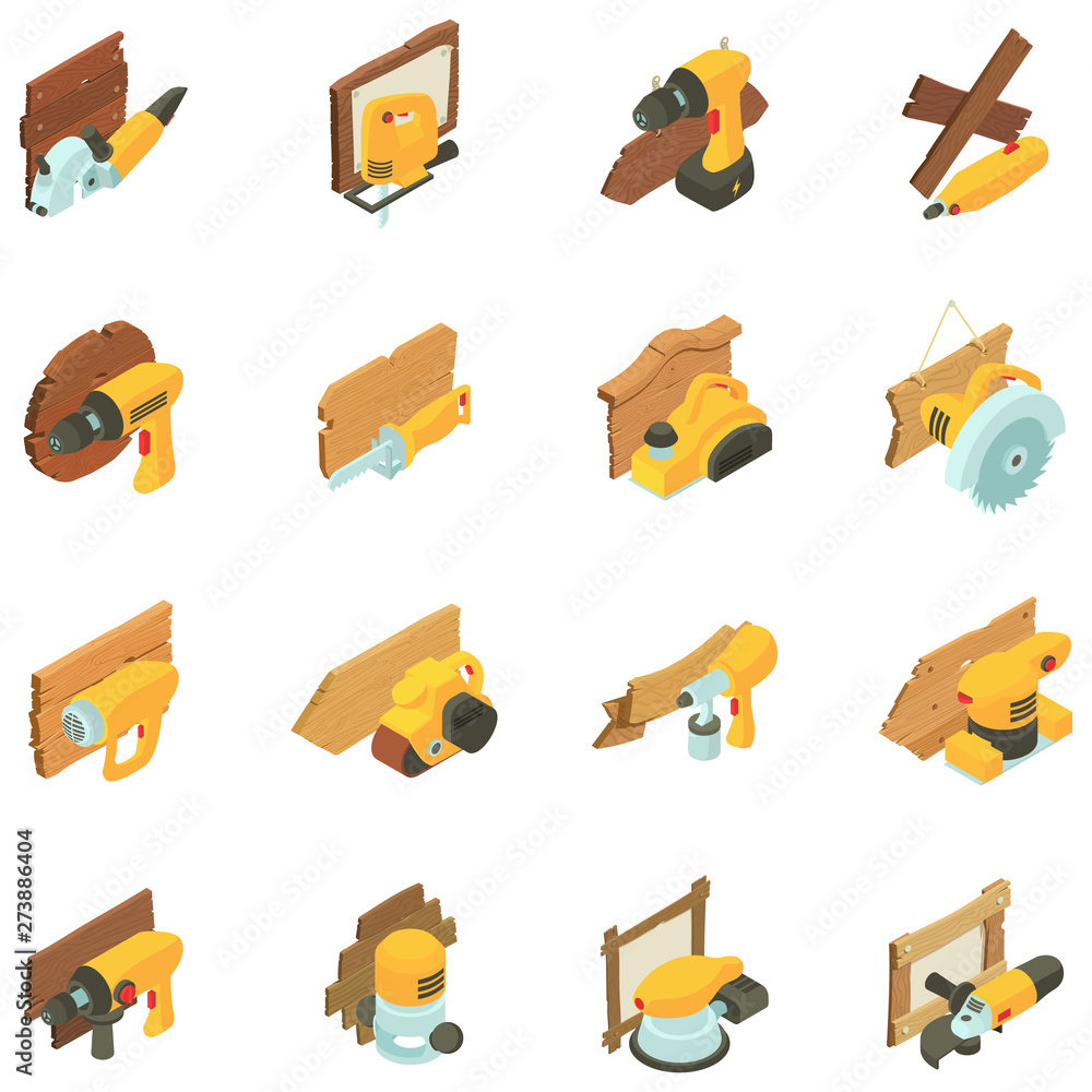 Poster joinery icons set. isometric set of 16 joinery vector icons for web isolated on white background